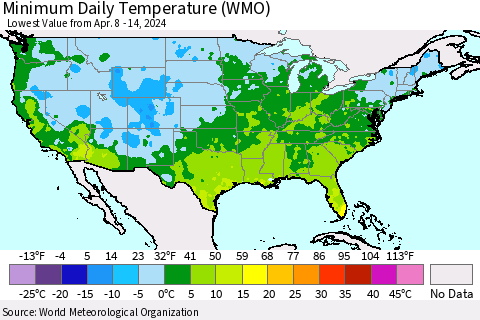 United States Minimum Daily Temperature (WMO) Thematic Map For 4/8/2024 - 4/14/2024