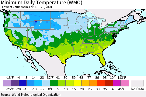 United States Minimum Daily Temperature (WMO) Thematic Map For 4/15/2024 - 4/21/2024
