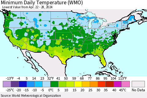 United States Minimum Daily Temperature (WMO) Thematic Map For 4/22/2024 - 4/28/2024