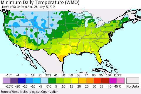 United States Minimum Daily Temperature (WMO) Thematic Map For 4/29/2024 - 5/5/2024