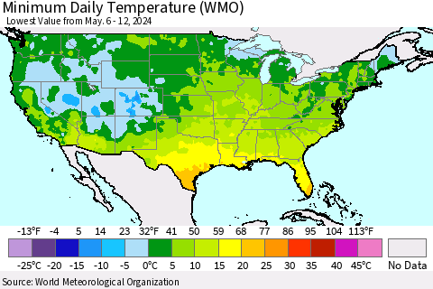 United States Minimum Daily Temperature (WMO) Thematic Map For 5/6/2024 - 5/12/2024