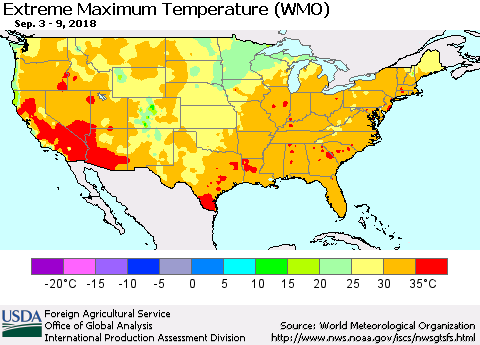 United States Maximum Daily Temperature (WMO) Thematic Map For 9/3/2018 - 9/9/2018