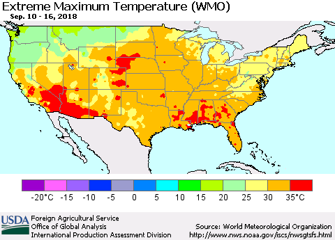 United States Maximum Daily Temperature (WMO) Thematic Map For 9/10/2018 - 9/16/2018