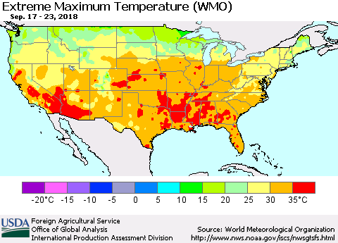 United States Maximum Daily Temperature (WMO) Thematic Map For 9/17/2018 - 9/23/2018