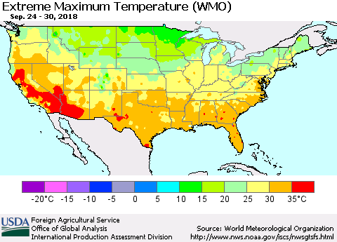 United States Maximum Daily Temperature (WMO) Thematic Map For 9/24/2018 - 9/30/2018