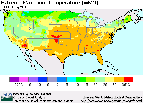United States Maximum Daily Temperature (WMO) Thematic Map For 10/1/2018 - 10/7/2018