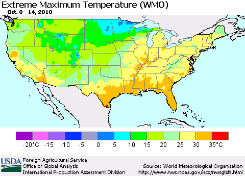 United States Maximum Daily Temperature (WMO) Thematic Map For 10/8/2018 - 10/14/2018