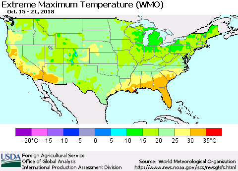 United States Maximum Daily Temperature (WMO) Thematic Map For 10/15/2018 - 10/21/2018