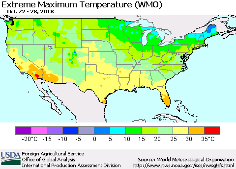 United States Maximum Daily Temperature (WMO) Thematic Map For 10/22/2018 - 10/28/2018