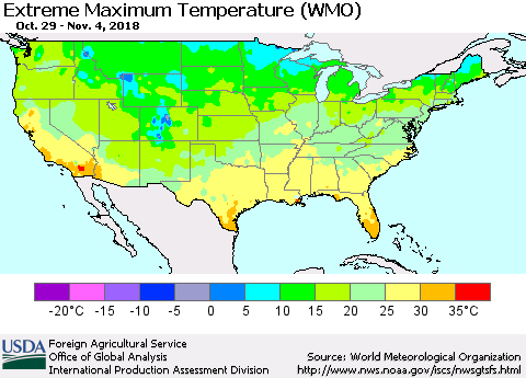 United States Maximum Daily Temperature (WMO) Thematic Map For 10/29/2018 - 11/4/2018