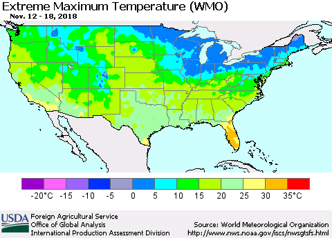 United States Maximum Daily Temperature (WMO) Thematic Map For 11/12/2018 - 11/18/2018