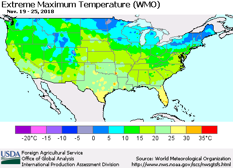 United States Maximum Daily Temperature (WMO) Thematic Map For 11/19/2018 - 11/25/2018