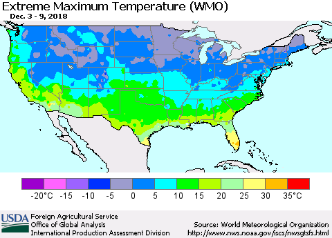 United States Maximum Daily Temperature (WMO) Thematic Map For 12/3/2018 - 12/9/2018