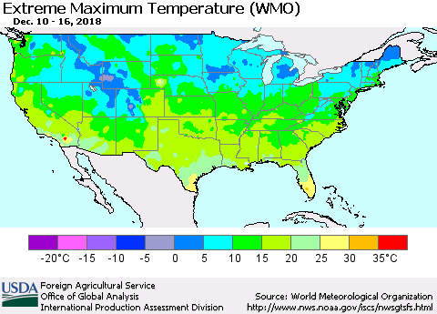 United States Maximum Daily Temperature (WMO) Thematic Map For 12/10/2018 - 12/16/2018