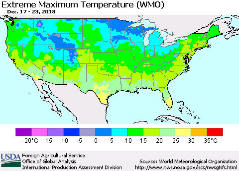 United States Maximum Daily Temperature (WMO) Thematic Map For 12/17/2018 - 12/23/2018