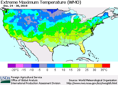 United States Maximum Daily Temperature (WMO) Thematic Map For 12/24/2018 - 12/30/2018