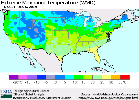 United States Maximum Daily Temperature (WMO) Thematic Map For 12/31/2018 - 1/6/2019