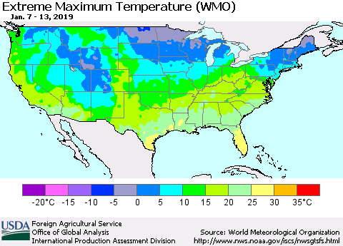 United States Maximum Daily Temperature (WMO) Thematic Map For 1/7/2019 - 1/13/2019