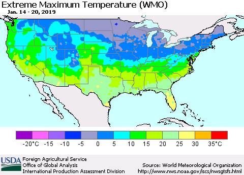 United States Maximum Daily Temperature (WMO) Thematic Map For 1/14/2019 - 1/20/2019