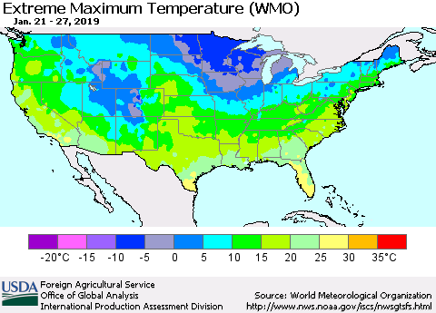 United States Maximum Daily Temperature (WMO) Thematic Map For 1/21/2019 - 1/27/2019