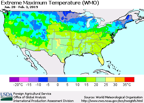 United States Maximum Daily Temperature (WMO) Thematic Map For 1/28/2019 - 2/3/2019