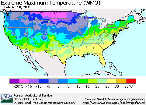 United States Maximum Daily Temperature (WMO) Thematic Map For 2/4/2019 - 2/10/2019