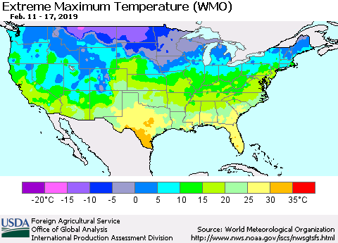 United States Maximum Daily Temperature (WMO) Thematic Map For 2/11/2019 - 2/17/2019