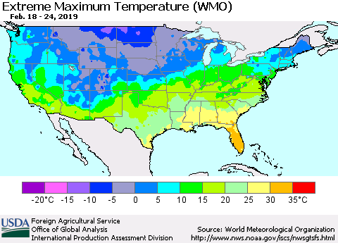 United States Maximum Daily Temperature (WMO) Thematic Map For 2/18/2019 - 2/24/2019