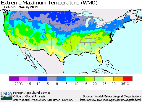 United States Maximum Daily Temperature (WMO) Thematic Map For 2/25/2019 - 3/3/2019
