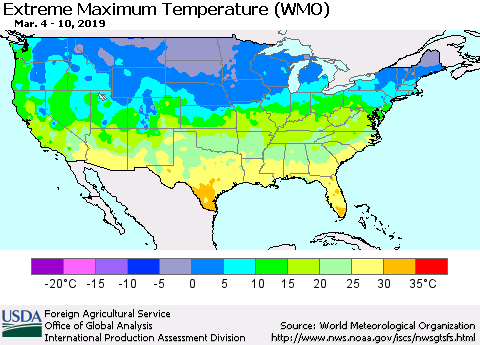 United States Maximum Daily Temperature (WMO) Thematic Map For 3/4/2019 - 3/10/2019