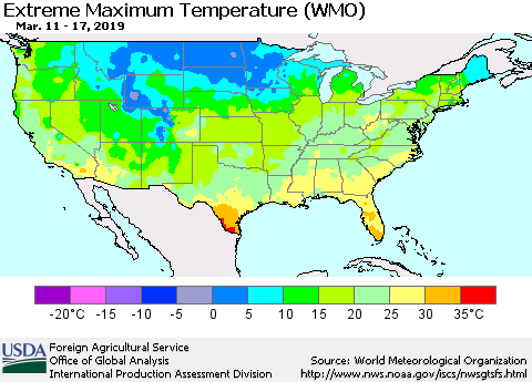 United States Maximum Daily Temperature (WMO) Thematic Map For 3/11/2019 - 3/17/2019