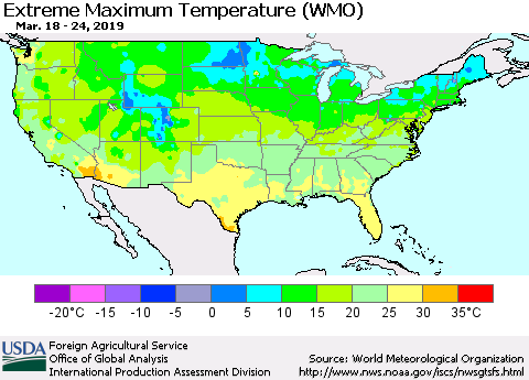 United States Maximum Daily Temperature (WMO) Thematic Map For 3/18/2019 - 3/24/2019