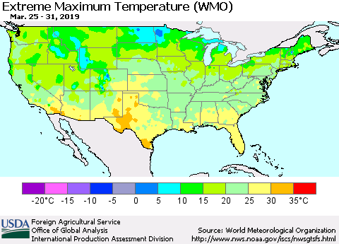 United States Maximum Daily Temperature (WMO) Thematic Map For 3/25/2019 - 3/31/2019