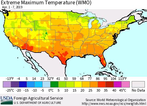 United States Maximum Daily Temperature (WMO) Thematic Map For 4/1/2019 - 4/7/2019
