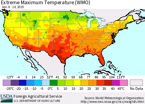 United States Maximum Daily Temperature (WMO) Thematic Map For 4/8/2019 - 4/14/2019