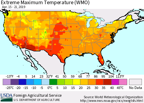 United States Maximum Daily Temperature (WMO) Thematic Map For 4/15/2019 - 4/21/2019