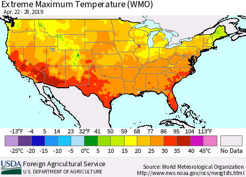 United States Maximum Daily Temperature (WMO) Thematic Map For 4/22/2019 - 4/28/2019