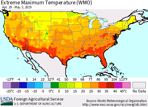 United States Maximum Daily Temperature (WMO) Thematic Map For 4/29/2019 - 5/5/2019