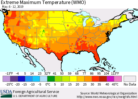 United States Maximum Daily Temperature (WMO) Thematic Map For 5/6/2019 - 5/12/2019