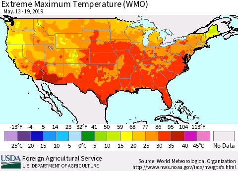 United States Maximum Daily Temperature (WMO) Thematic Map For 5/13/2019 - 5/19/2019