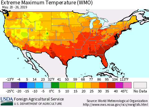 United States Maximum Daily Temperature (WMO) Thematic Map For 5/20/2019 - 5/26/2019