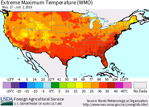 United States Maximum Daily Temperature (WMO) Thematic Map For 5/27/2019 - 6/2/2019