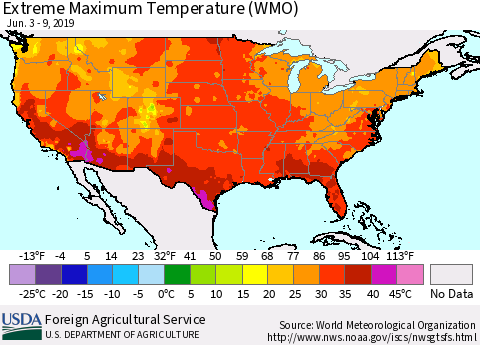 United States Maximum Daily Temperature (WMO) Thematic Map For 6/3/2019 - 6/9/2019