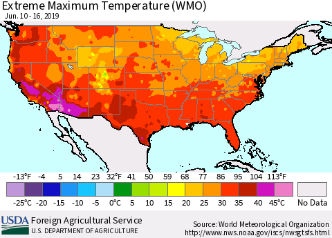 United States Maximum Daily Temperature (WMO) Thematic Map For 6/10/2019 - 6/16/2019