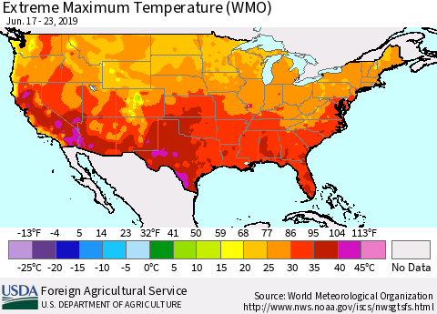 United States Maximum Daily Temperature (WMO) Thematic Map For 6/17/2019 - 6/23/2019