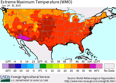 United States Maximum Daily Temperature (WMO) Thematic Map For 6/24/2019 - 6/30/2019