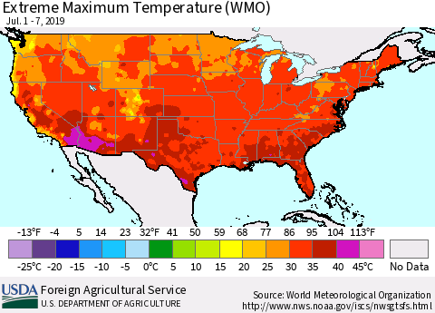 United States Maximum Daily Temperature (WMO) Thematic Map For 7/1/2019 - 7/7/2019
