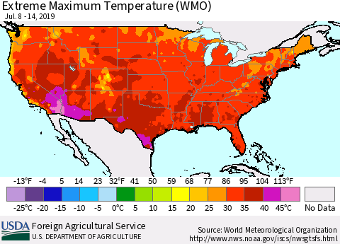 United States Maximum Daily Temperature (WMO) Thematic Map For 7/8/2019 - 7/14/2019