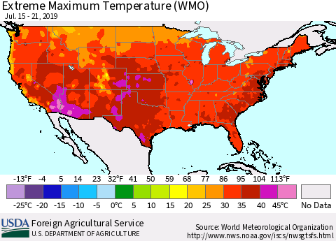 United States Maximum Daily Temperature (WMO) Thematic Map For 7/15/2019 - 7/21/2019