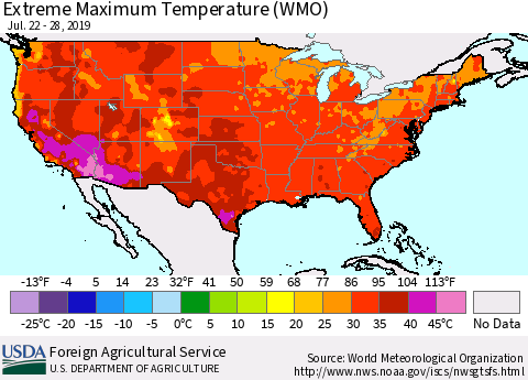 United States Maximum Daily Temperature (WMO) Thematic Map For 7/22/2019 - 7/28/2019
